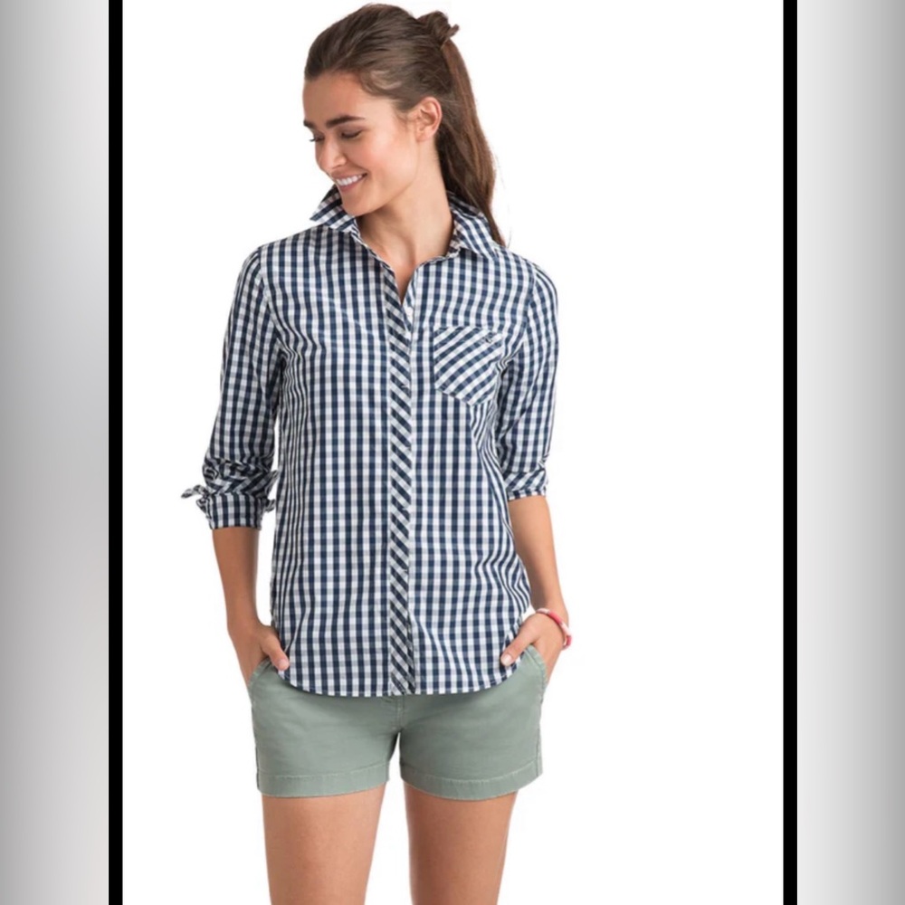 Vineyard Vines Blouse Top Seabreeze Gingham Button Up Pocket Navy/ White Sz 10